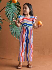 SHEIN Young Girls Cute Colorful Striped Cap Sleeve Loose Straight Leg Bodysuits & Jumpsuits, Resort & Party Styles - Multicolor - View 5