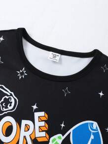 2pcs/Set Teen Boys Rocket & Aerospace Glow In The Dark Print Pants, Skinny Fit Tie Dye Pajamas Set - Black - View 5