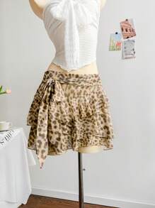 Soleia Women Vintage Leopard Print Layered Ruffle Hem Drawstring Waist Mini Skirt, Vacation Style