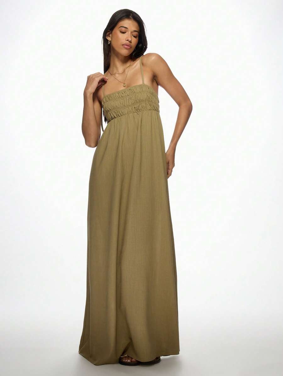 MISSGUIDED Ruched Bust Empire Waist Linen Maxi Dress Resort Vacation Sleeveless Summer Beach Evening Garden Party Wedding Guest Boho Sundress Christmas - Green - View 1