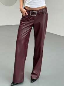 Aloruh Burgundy PU Leather Pocket Waist Straight Leg Pants For Women