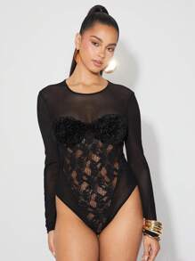 SHEIN Unity Bodysuit Spring Mesh And Lace Long Sleeve Cheeky Festival Summer Casualwear Thanksgiving Christmas NYE New Years Eve Outfits For Women - Black - View 4