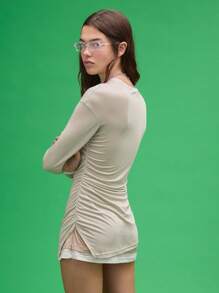 COUREZ Gaun Mini Lengan Panjang Tiga Lapis dengan Detail Kerut Gaya Vintage Y2K - Grey - View 4