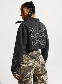 SHEIN EZwear 女士休闲牛仔夹克，简约时尚，适合日常穿着 - 黑色 - 查看 2