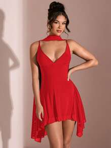 SHEIN BAE 夏季海滩度假优雅纯黑色深 V 领缎带迷你连衣裙，适合日常约会、夜间外出、夜总会、派对、聚会、鸡尾酒会、节日连体裤、泳池派对、办公室穿着、通勤连衣裙