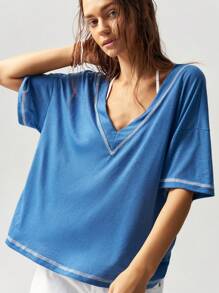 Bohemela 休闲纯色 V 领短袖宽松大码 T 恤