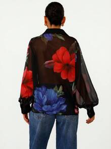 Aveloria Modichic 性感浪漫花卉印花纽扣式 V 领半透明雪纺长袖中长款女士衬衫