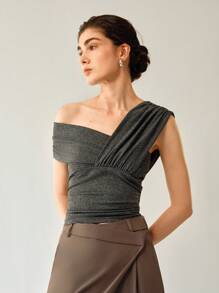 Gloray Women Solid Color Pleated Asymmetrical Knit Sweater - Dark Grey - View 2