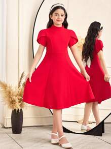 SHEIN Tween Girls' Elegant Backless Big Bow Buttoned Hollow Out A-Line Dress - Red - View 2