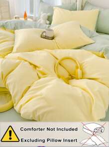 Bộ 3 món chăn ga trải giường ký túc xá màu vàng nhạt và xanh lá cây nhạt, 1 vỏ chăn, 2 vỏ gối, có thể giặt bằng máy, không có ruột - Vàng nhạt - Xem 4