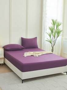 1pc Solid Color Dark Purple Fitted Sheet, Mattress Protector, Mattress Cover For Bed, Bed Sheet, Soft And Breathable, For All Size Bed -Twin, Full, King, Queen Size Sheet Deep Pocket Up To 11.8 Inch Home Textile - Purple - View 4