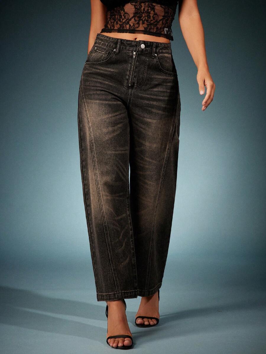Denimoi Celana Jeans Denim Model Barrel Leg dengan Resleting Terbuka - Hitam - View 1