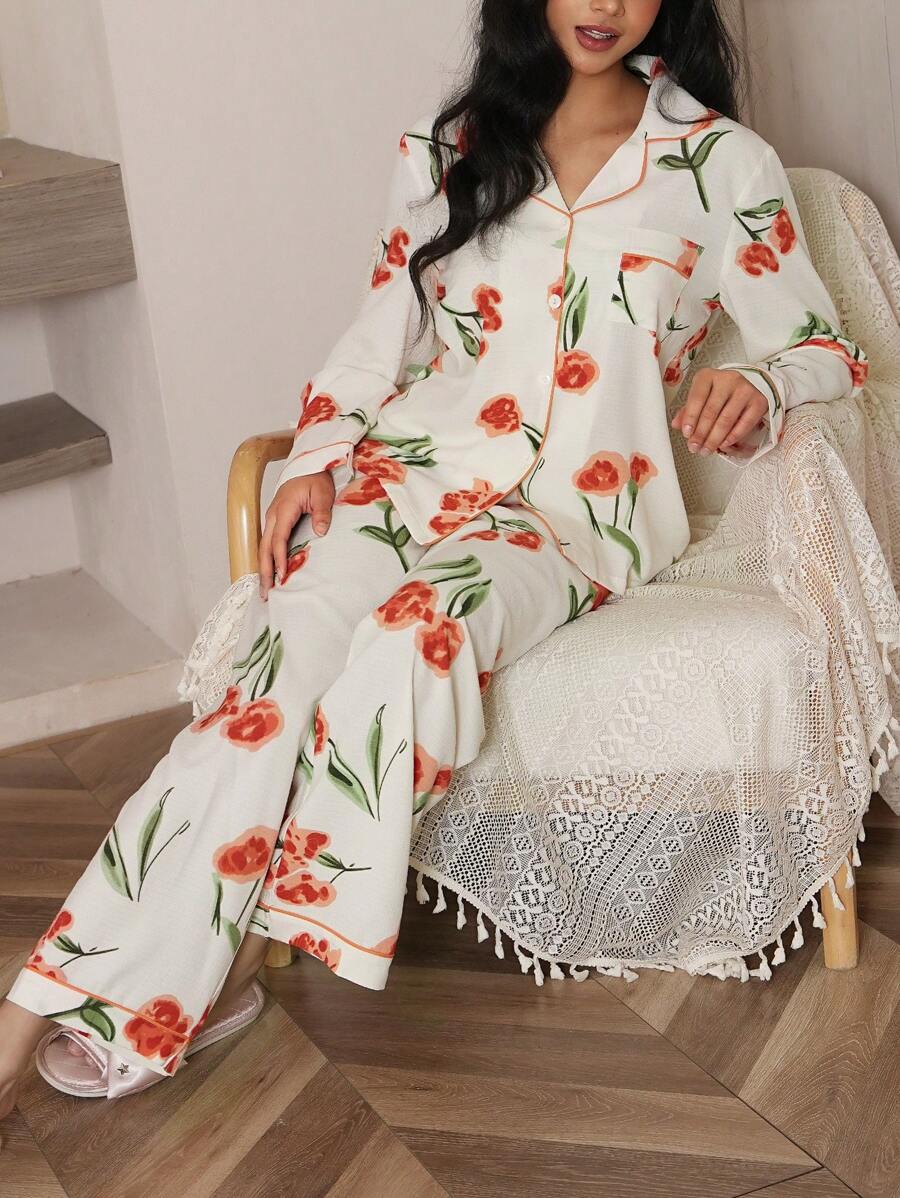 LuxeNights Conjunto de Pijama com Top de Manga Longa com Gola Esporte e Calça, Estampa Floral com Textura de Bolha, Roupas de Outono e Inverno - Multicolorido - Visão 1