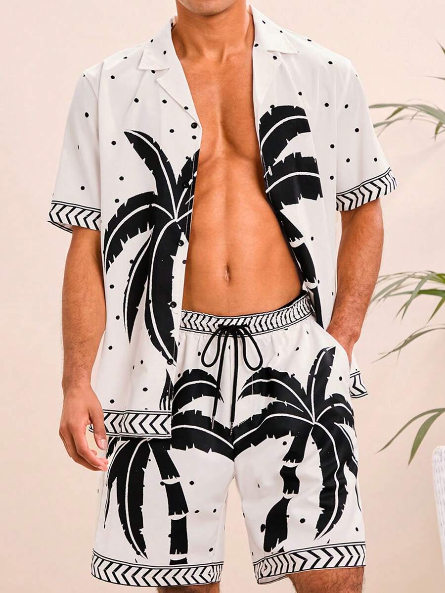 Manfinity VCAY 2pcs Men's Woven Casual Loose Short Sleeve Shirt And Drawstring Waist Straight Leg Shorts Set - Black - View 1