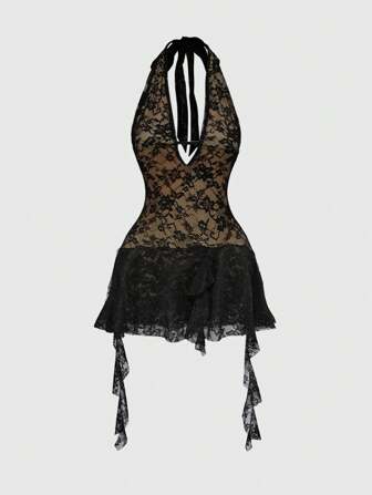 J-Fashion Sexy Damen Mini-Kleid mit V-Ausschnitt, Spitzeneinsatz, Farbblockdesign, asymmetrischem Saum, Rückenausschnitt und Trägerschnürung für Konzerte