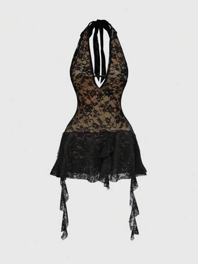 J-Fashion Vestido mini de mujer de cuello en V sexy con encaje, bloque de color, bajo asimétrico, espalda abierta y tirantes con lazo para conciertos