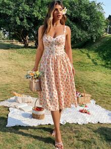 Flirla 大码女式春夏碎花撞色蕾丝吊带连衣裙