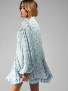 MISSGUIDED Vestido mini de volantes estilo victoriano con mangas globo, fruncido, floral, para té de primavera-verano, estilo dulce para dama de honor y vestido de invitada de boda - Celeste - Ver 2