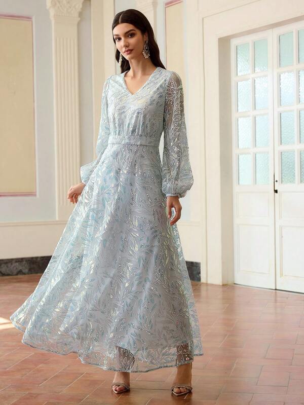 ZEYLAH Rochie Lungă Elegantă De Damă, Cu Decolteu în V, Mânecă Lanternă Și Decor Floral Cristal