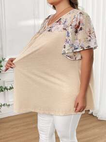 SHEIN CURVE+ 大码女式春季花卉印花系带撞色黑色衬衫 - 杏色 - 查看 8