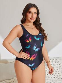 SHEIN Swim Curve Plus Size Women's One-Piece Butterfly Positioning Print Wide Strap Slimming And Concealing Leisure Vacation One-Piece Swimsuit, Summer Beach - Black - View 4