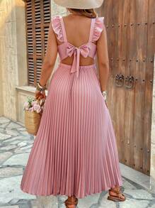 SHEIN Clasi Plus Size Women's Elegant Square Neck Bow Pleated Dress, Spring/Summer - Dusty Pink - View 1