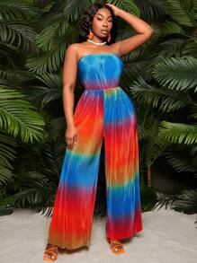 SHEIN SXY Plus Size Women's Sexy Pleated Strapless Jumpsuit, Loose Fit, Colorful, Suitable For Beach, Vacation, Party, Date Night, Birthday, Bachelorette, Cute, Casual, Shopping, Streetwear, Going Out, Slimming Effect, Accentuate The Figure - Multicolor - View 3