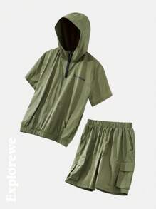 SHEIN Teen Boy Minimalist Fashion Casual Lightweight Jacket And Shorts Set, Everyday Wear - Green - View 1