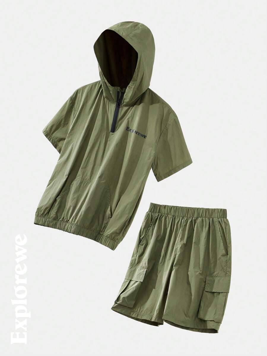 SHEIN Teen Boy Minimalist Fashion Casual Lightweight Jacket And Shorts Set, Everyday Wear - Green - View 1
