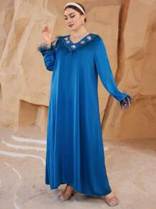 Al Najma Gaun Wanita Ukuran Besar dengan Kerah Ruffle dan Blok Warna Berhiaskan Manik-manik - Dusty Blue - View 3
