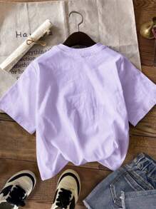 SHEIN Leap Crew Tween Girl Short Sleeve Crew Neck T-Shirt, Casual Minimalist Design, Suitable For Spring & Summer - Purple - View 2