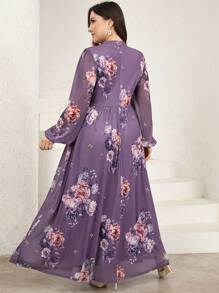 Veilorie Plus Size Women's Elegant Floral Print Long Arabian Style Dress - Dusty Purple - View 3