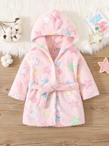 SHEIN Áo choàng tắm trùm đầu bằng vải nhung ấm áp cho bé gái có họa tiết ngôi sao, đồ ngủ bằng vải lông cừu ấm áp - Nhiều màu - Xem 1