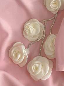 SHEIN EZwear 女士 3D 花卉水晶装饰圆领短袖 T 恤 - 粉色 - 查看 4