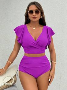 Swim Vcay 女士纯色比基尼套装，适合海滩度假 - 紫色 - 查看 3