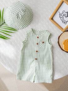 SHEIN 2pcs Newborn Baby Boy Summer Cute Casual Green Plaid Romper With Hat, Suitable For Birthday Party, Evening Party, Performance, Wedding, One Month Celebration, Christening And 1st Birthday, Baby Shower, Wedding Guest, Pageboy, Ring Bearer, Flower Girl - Multicolor - View 5
