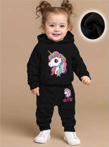 Bộ 2 món/Bộ áo hoodie dày in chữ và quần dài thời trang cho bé gái mùa thu/đông - màu đen - Xem 1