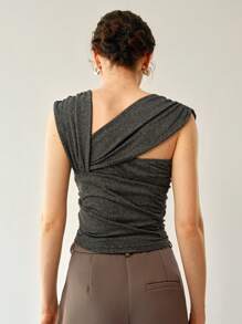 Gloray Women Solid Color Pleated Asymmetrical Knit Sweater - Dark Grey - View 4