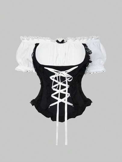 Goth Top de manga abullonada de hombros descubiertos con efecto de múltiples capas y aplicación de encaje