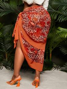 SHEIN SXY Gonna midi in stile patchwork arancione con stampa leopardata, adatta per uso quotidiano, vacanze al mare, appuntamenti, compleanni, addii al nubilato, carina, casual, shopping, streetwear, uscite, facile da abbinare e snellente, valorizza la figura. - Multicolore - Visualizzare 2