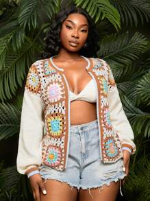 SHEIN SXY Plus Size Women's Spring/Summer Contrast Color Knitted Loose Long Sleeve Cardigan Jacket, Suitable For Date Night, Birthday, Bachelorette Party, Cute, Casual, Shopping, Streetwear, Going Out, Easy To Match & Looks Slim, Accent Your Body, Flatter The Figure - Multicolor - View 5