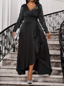 SHEIN Lady Spring And Summer Valentine's Day Formal Dresses For Women Prom Dress Business Casual Woman Wedding Guest Dress Women Black Sequin Patchwork Women Long Black Dresses