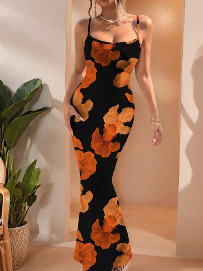 Glamance Livia Canto Studio Artist Women's Orange Floral Print Elegant Vacation Beach Romantic Bodycon Spaghetti Strap Dress On Black Background For Summer, Concert Outfit, Ibiza Fits, Rave, Western Wear, Prom Dress Back To School Sexy Boho Suitable For Going Out Date Night Outfits Women Going Out Fall Elegant Dress Party Chic Stylish Clothing Collection