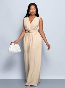 SOLERSUN 杏色性感 V 领无袖系带收腰连体裤，腰带金属扣可打开，通勤、优雅、约会、正式场合、大码新款女装