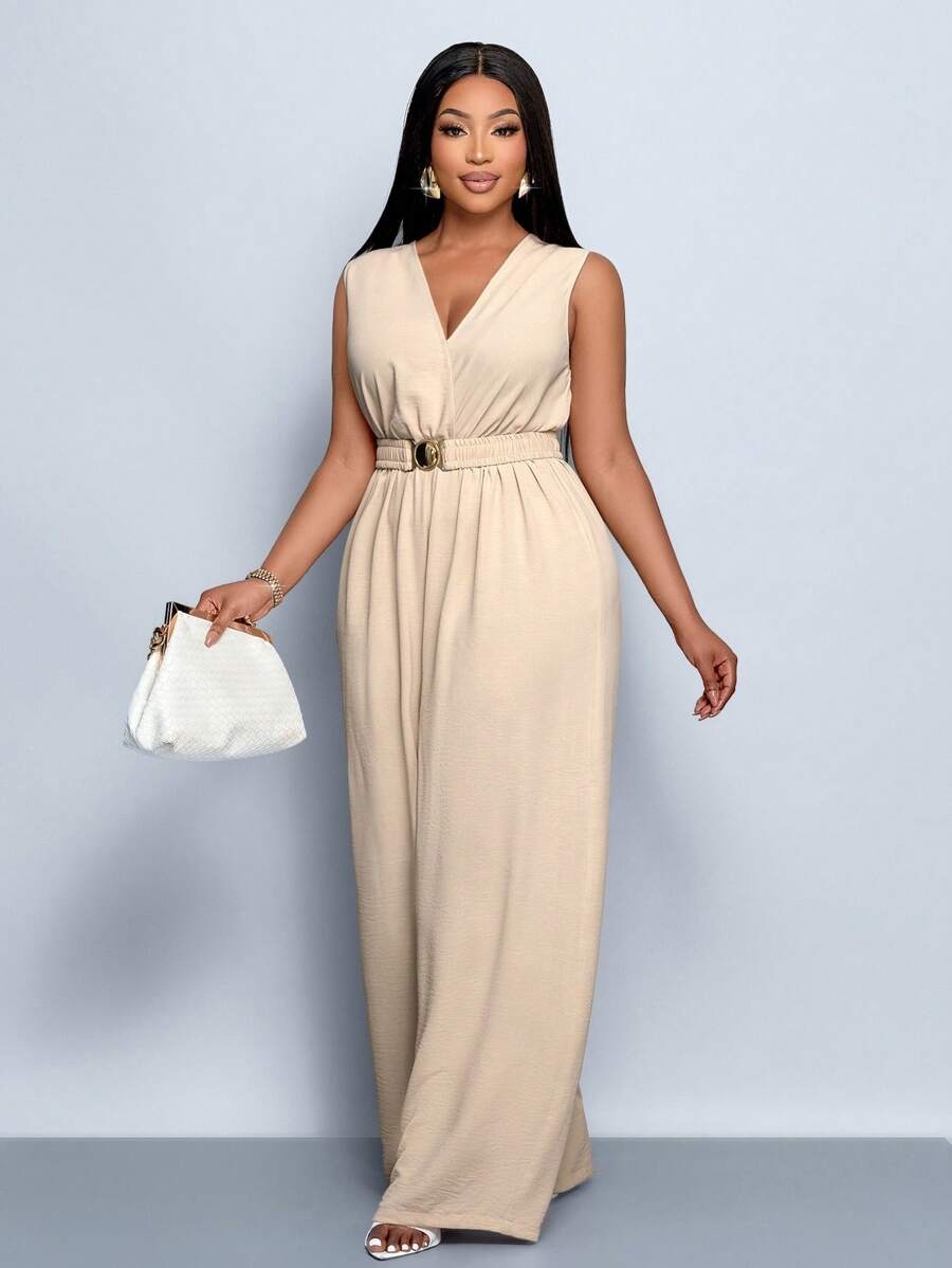 SOLERSUN 杏色性感 V 领无袖系带收腰连体裤，腰带金属扣可打开，通勤、优雅、约会、正式场合、大码新款女装