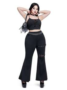 Whyspr Casual Punk Plus Size Fashionable Black Pants With Lace-Up Detail - Black - View 6