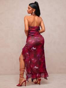 SHEIN SXY Vestido bandeau de mujer con abertura alta, volantes y estampado de teñido anudado - Gris - Ver 3