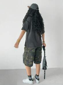 SHEIN Tween Girls Casual Black Oversized Drop Shoulder Loose T-Shirt, Summer/Spring - Black - View 2