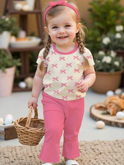 SHEIN 可爱甜美蝴蝶印花，米色和粉色，女婴休闲简约短袖圆领和长裤套装，适合春夏季