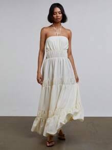 Athîral Women Butter Yellow Halterneck Boho Drawstring Maxi Dress, Beach/Vacation Stylish Everyday Western Wear Vintage Old Money Aesthetic Spring/Summer